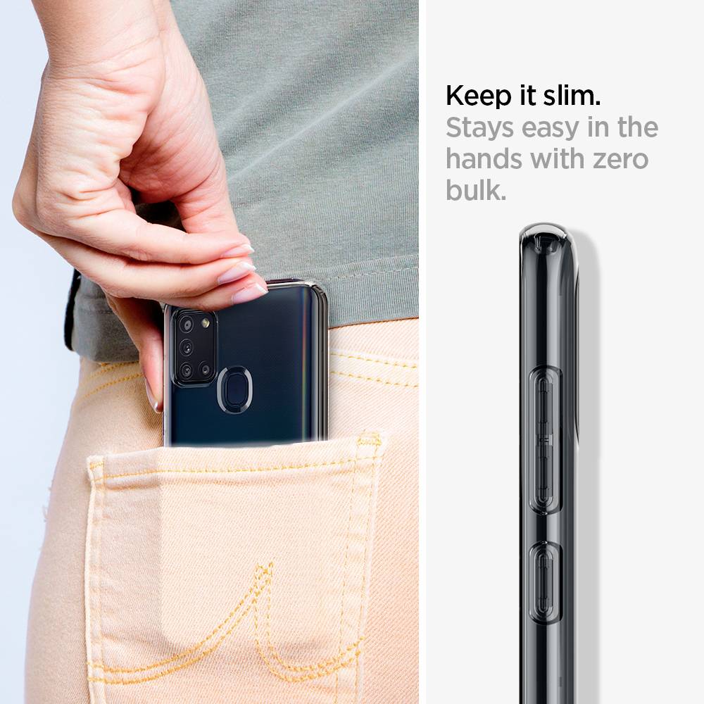'Smartphone is slipped into back pocket. Text reads "Keep it slim. Stays easy in the hands with zero bulk."'<br><br>Note: The translation is essentially the same as the original English text, with only minor stylistic adjustments to British English.