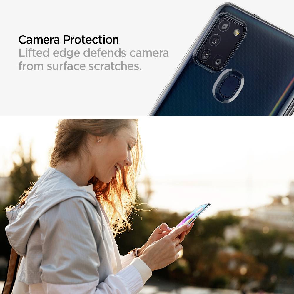 A woman is holding a smartphone with a raised camera lens to protect it from scratches. Background blurred, focus on the device and user.