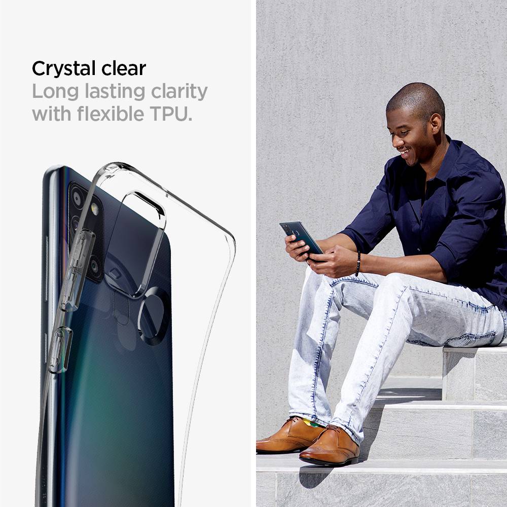 Transparent mobile phone case made from flexible TPU protects smartphone. Beside it, a person sits smiling outdoors with smartphone in hand.