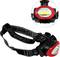 Head torch with adjustable strap and LED light, black with red trim. Suitable for outdoor activities and crafting.