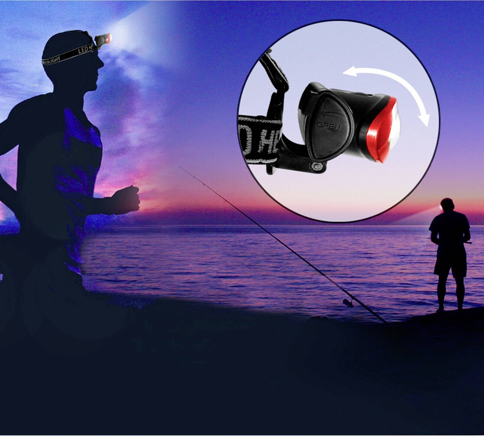 'A person is jogging in the dark wearing a head torch, with an enlarged view of the torch showing its light adaptability.'