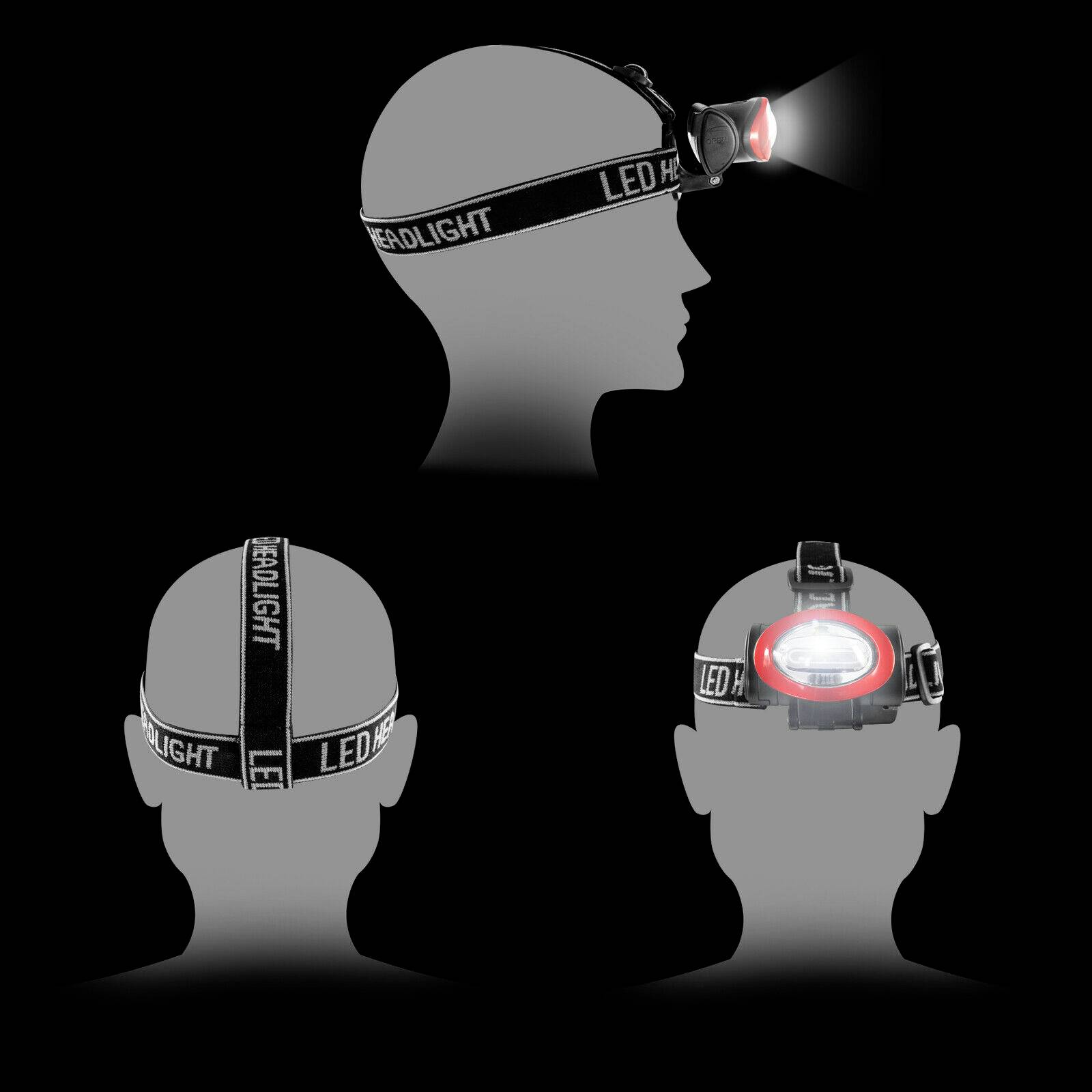 Three views of an LED head torch on a stylised head. Illuminating frontally with adjustable headband visible.