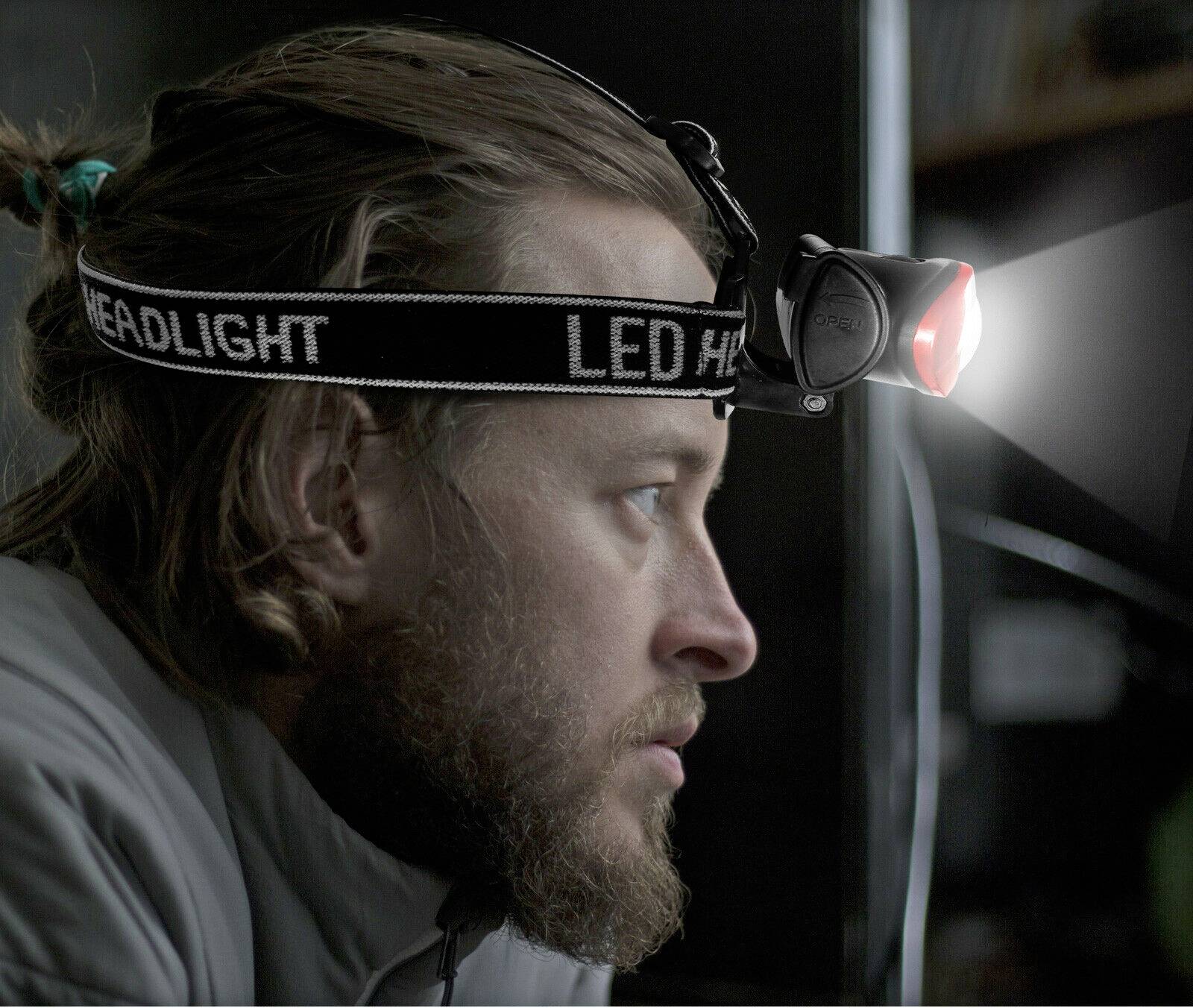 A man wearing a head torch in the darkness, looking intently. The lamp shines intensely forward, illuminating the area in front of him.