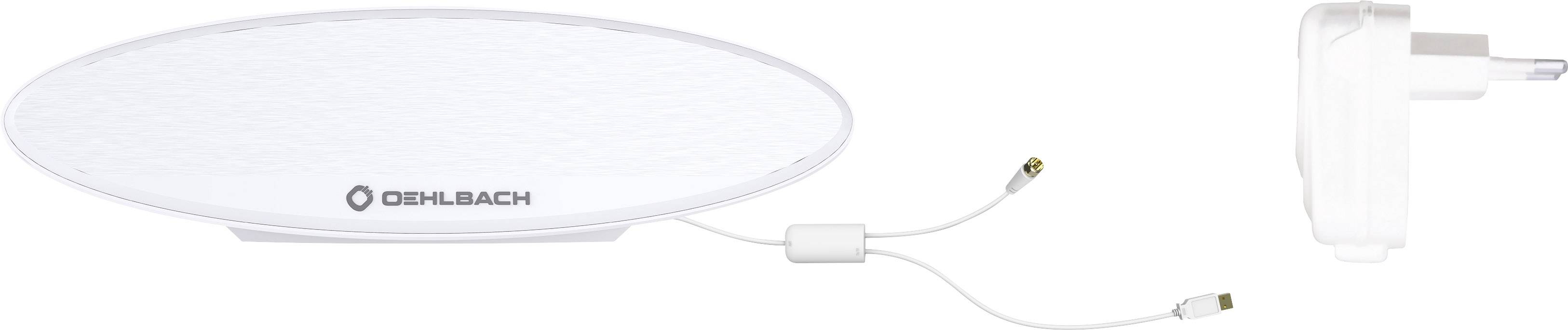 White, elliptical DVB-T2 antenna amplifier by Oehlbach with two cable connections and separate white power supply.