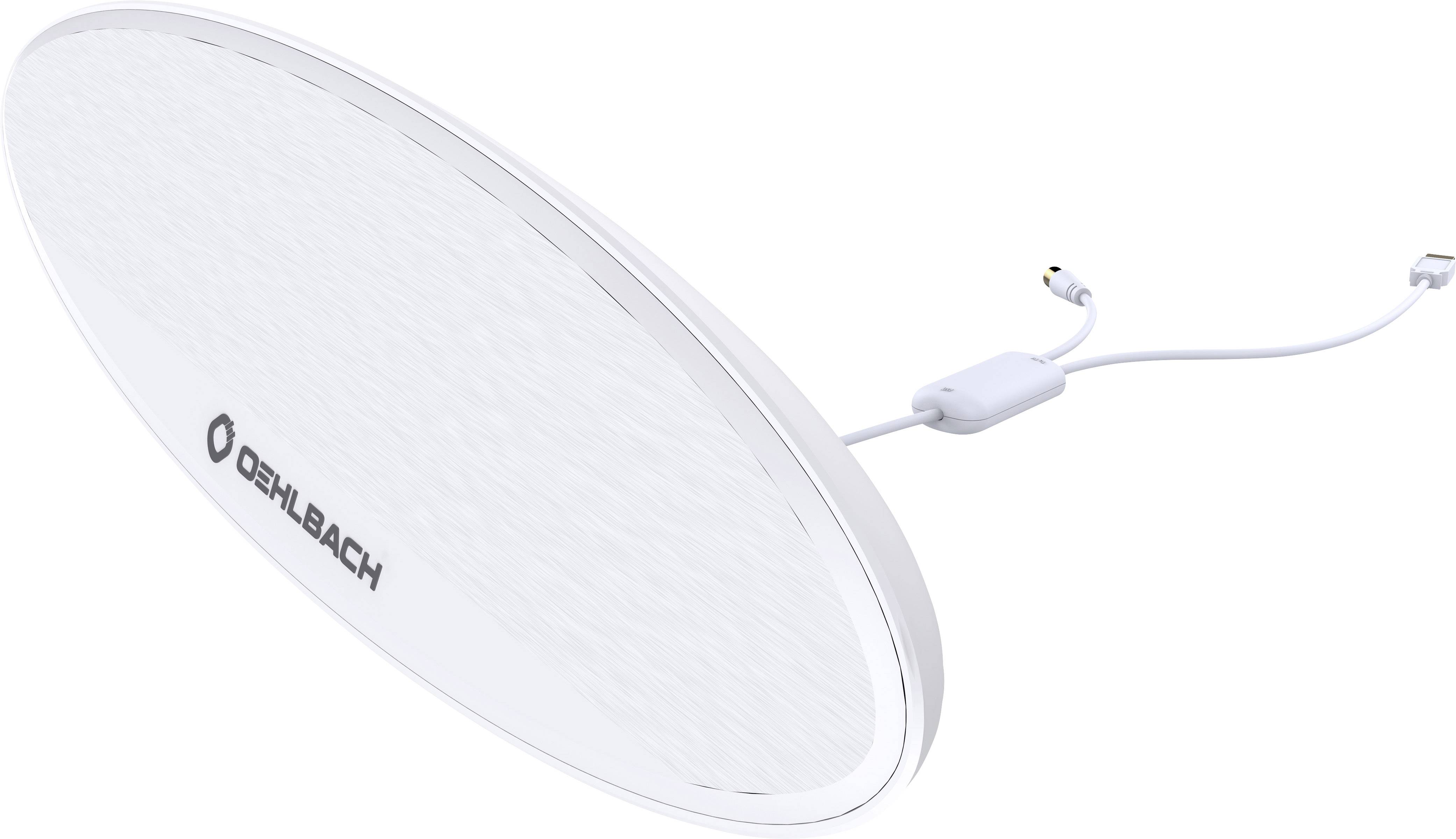 Flat, round antenna with 'Oehlbach' printed on it, attached to a cable; suitable for digital television reception.