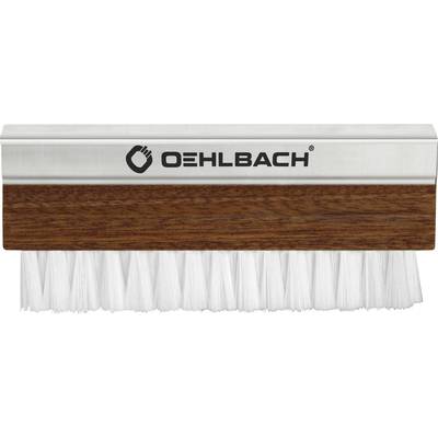 'Brush with brown wooden handle and white bristles, brand name Oehlbach on silver band above the bristles.'