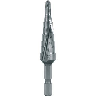 Metal step drill bit with visible numbers from 4 to 12, indicating various diameters, suitable for drilling into metal.