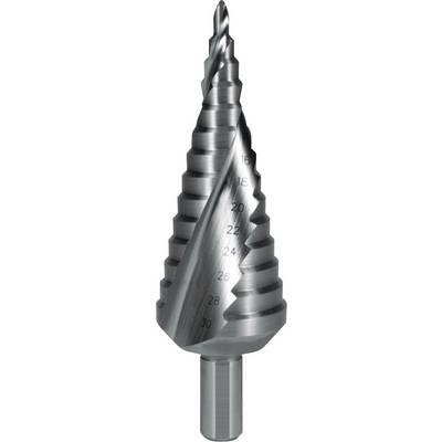 Metal step drill bit with visible size markings, ranging from 16 mm to 30 mm, for precise drilling of different diameters.