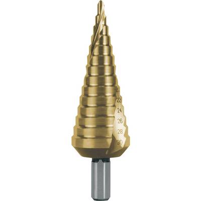 Metal step drill bit with multiple graduated diameters, progressing from small to large, for drilling holes of various sizes in a single operation.