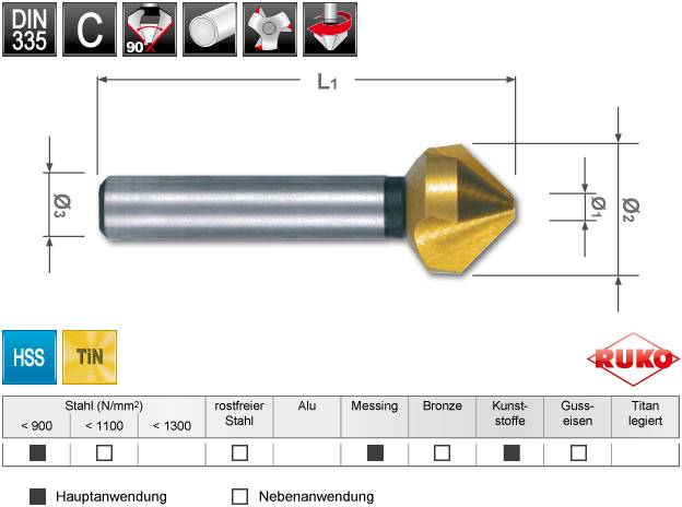 'Cutter with tapered head, used for metalworking. Colours: HSS yellow, TiN gold. Primary materials: steel, stainless steel, aluminium.'