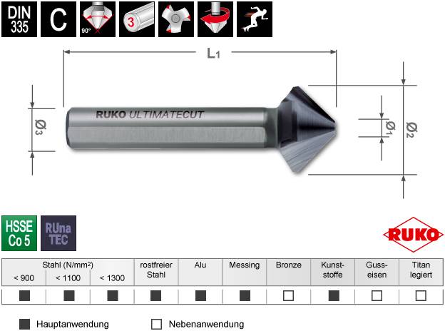'HSS Spiral Drill Bit DIN 335 C', Primary Use Steel, Aluminium, Brass, Bronze. Details of Cutting Performance, Specified for 90°.