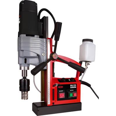 Magnetic drill with red housing, black electric motor, metal drill bit and coolant container; Model RU25 by Euroboor.