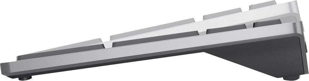 A side profile image of a slim keyboard with an angled design shows the smooth, minimalist keys in a row.