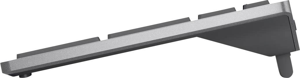 Side view of a keyboard with a flat, angled design and sturdy support.