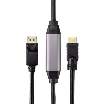 A black cable with an HDMI and a DisplayPort connector. In the middle of the cable is a silver housing.