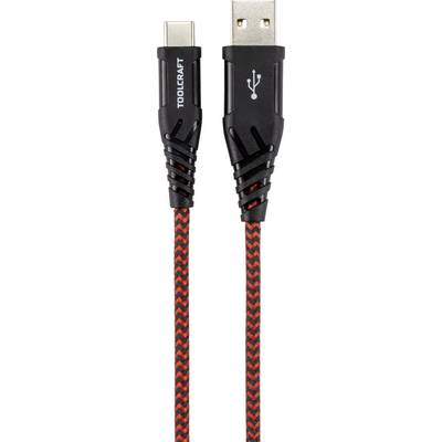'USB cable with USB-A and USB-C plugs, black and red braided. Brand name "TOOLCRAFT" and USB symbol on the plugs.'