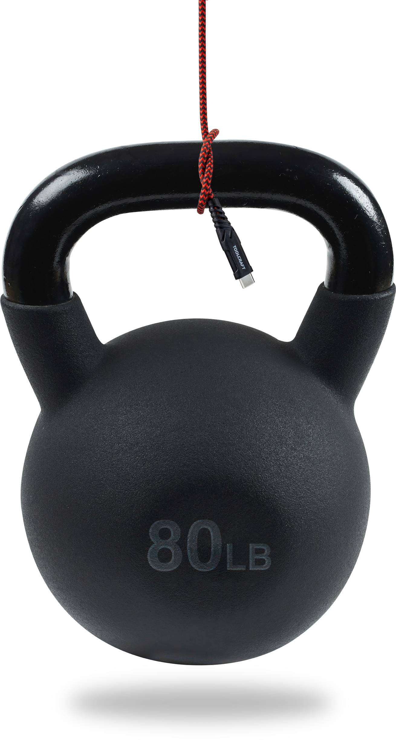 An 80-pound kettlebell is hanging from a thin red rope.