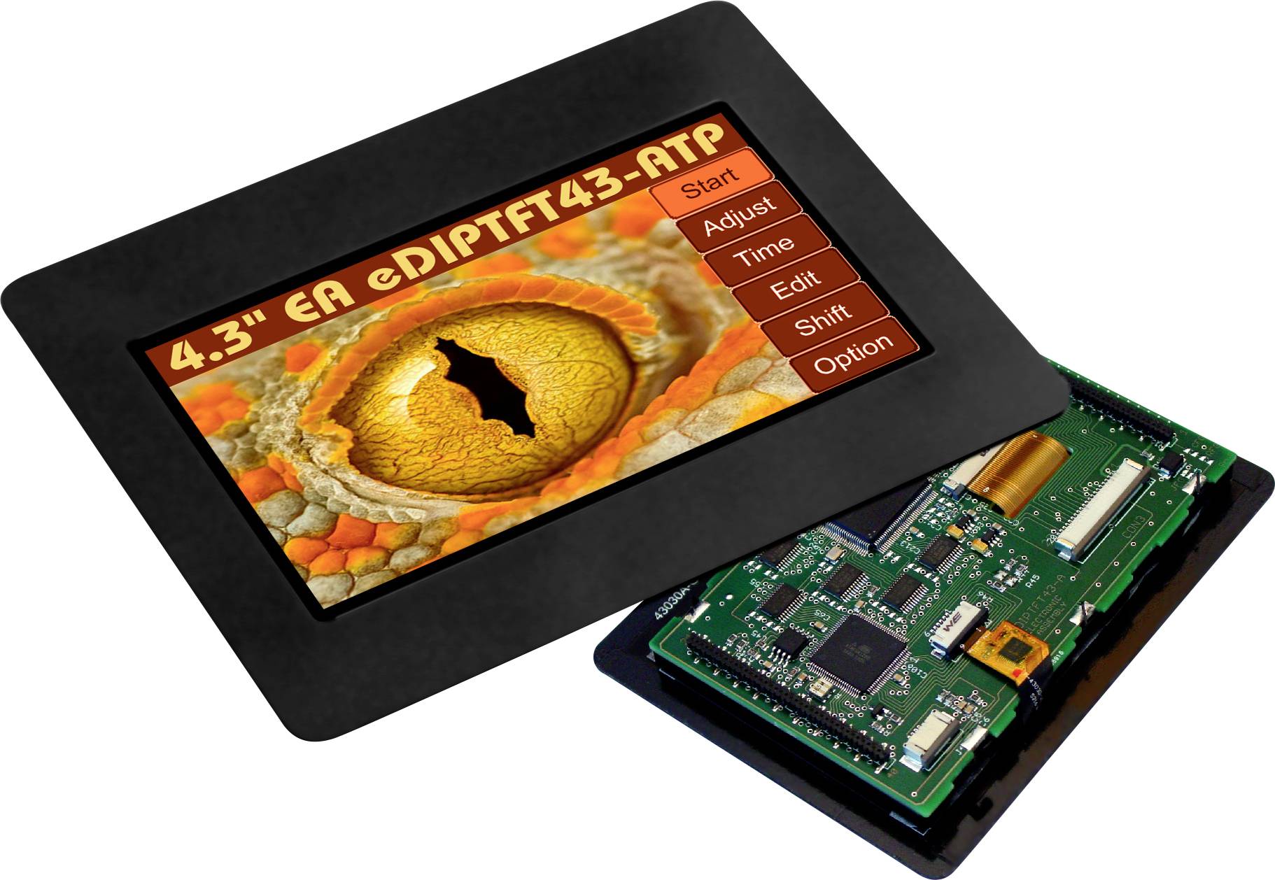 An LCD touchscreen display shows the image of a reptilian eye and an interface with options such as 'Start', 'Adjust' and 'Edit'.