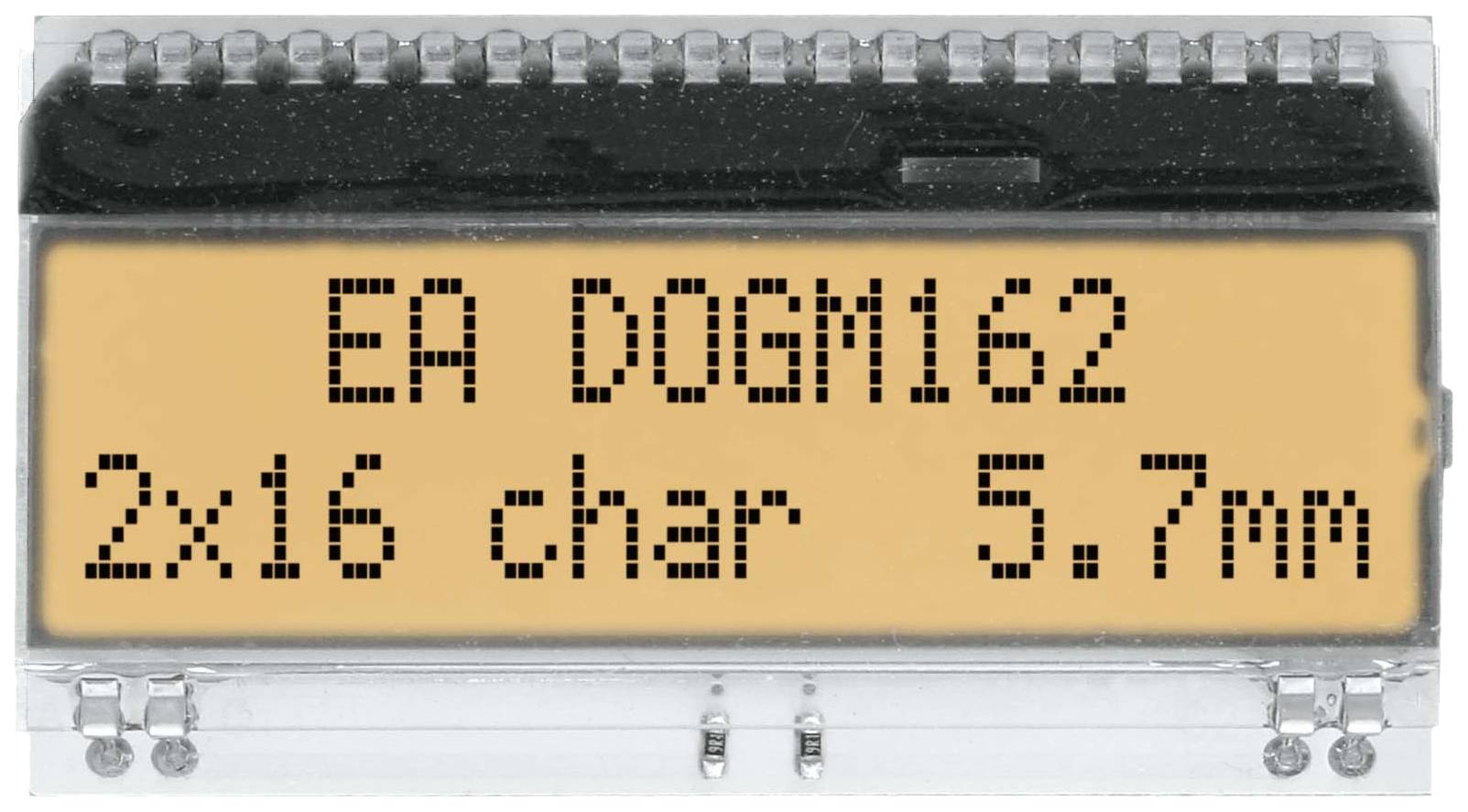 'EA DOGM162, 2x16 characters, 5.7 mm' on a two-line LCD display.<br><br>Note: I translated this preserving the technical specifications and using typical British English formatting (using a full stop for decimal point rather than a comma).