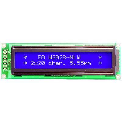 LCD screen with blue backlighting displays text: 'EA W202B-NLW * 2x20 char. 5.55mm'.