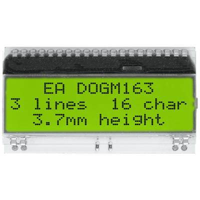 An LCD display shows: 'EA DOGM163', '3 lines 16 char', '3.7mm height'. Electronic display device with a green background.