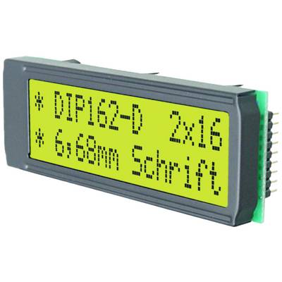 LCD screen with green backlighting displays 'DIP162-D 2x16' and '6x8mm font'.