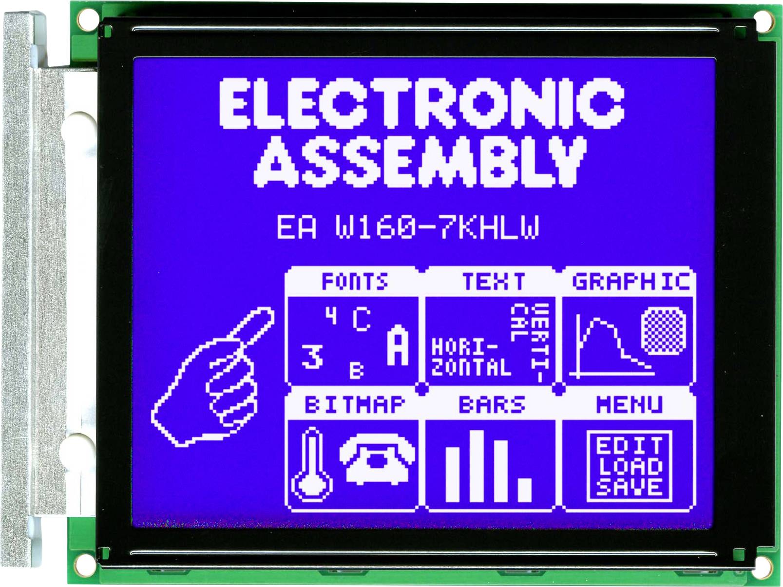 Blue electronic display shows functions: font change, text alignment, graphic selection, diagrams, bitmap bars, and menu options.