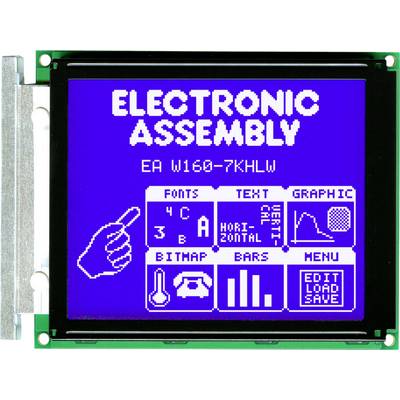 Blue electronic display shows functions: font change, text alignment, graphic selection, diagrams, bitmap bars, and menu options.