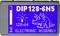 Graphic with a blue background shows 'DIP128-6N5', a battery indicator, a light bulb symbol with '128x64', a dinosaur, and 'ELECTRONIC ASSEMBLY'.