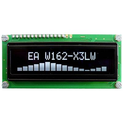 LCD Display with text 'EA W162-X3LW' and a graphic bar arrangement underneath. The background is green and the display is black.