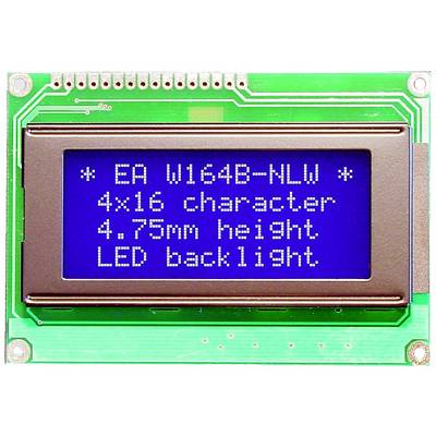 Electronic display shows text: 'EA W164B-NLW', '4x16 character', '4.75mm height', 'LED backlight', on blue background.