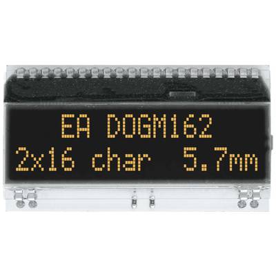LCD display with orange text: 'EA DOGM162 2x16 char 5.7mm'. Shows technical specifications of the display.
