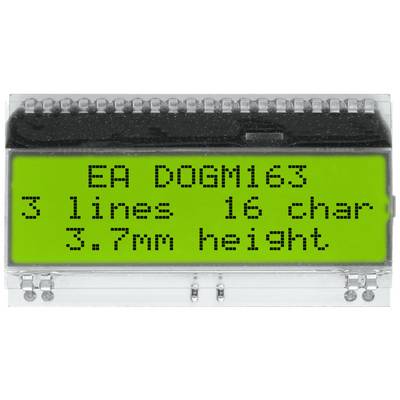 LCD screen with green background displays text: 'EA DOGM163 3 lines 16 char 3.7mm height'.