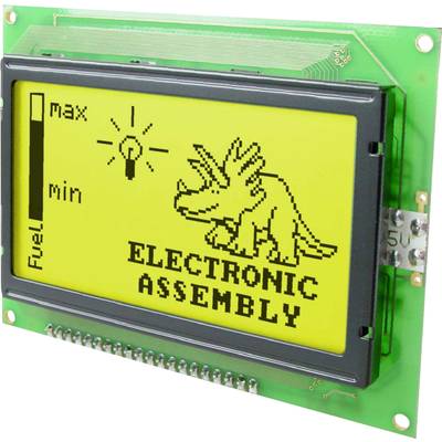 An LCD screen displays a fill level indicator with a Triceratops and the text 'ELECTRONIC ASSEMBLY'. A light bulb symbol indicates an idea.