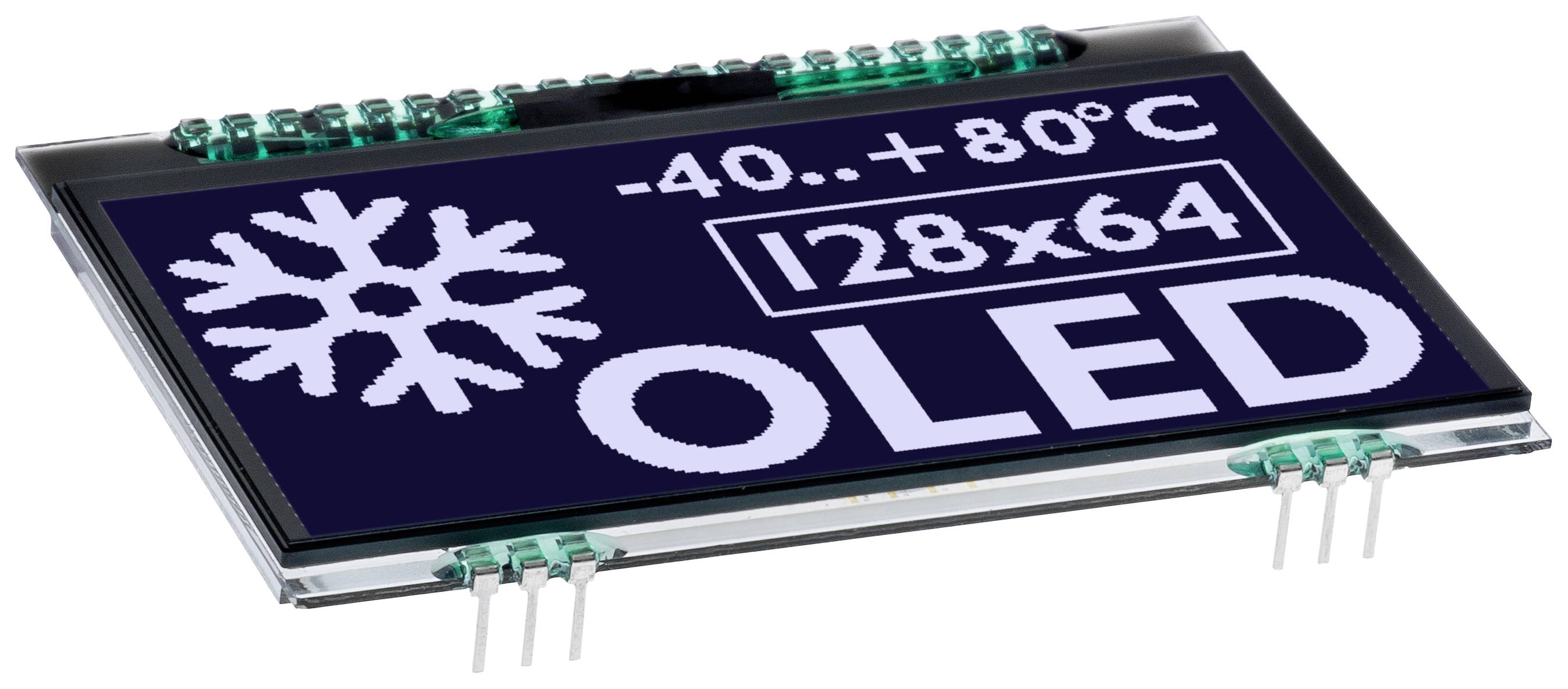 OLED display with text reading '-40..+80°C 128x64'. It shows a snowflake symbol and is suitable for a wide temperature range.