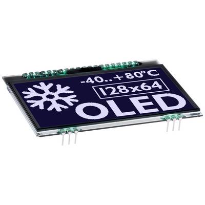 OLED display with text reading '-40..+80°C 128x64'. It shows a snowflake symbol and is suitable for a wide temperature range.