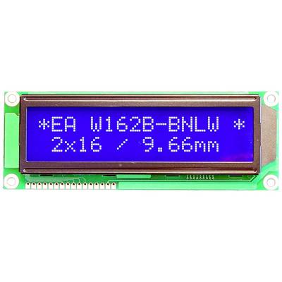 A blue LCD display with white text shows the model number 'EA W162B-BNLW' and specifications '2x16 / 9.66mm'.