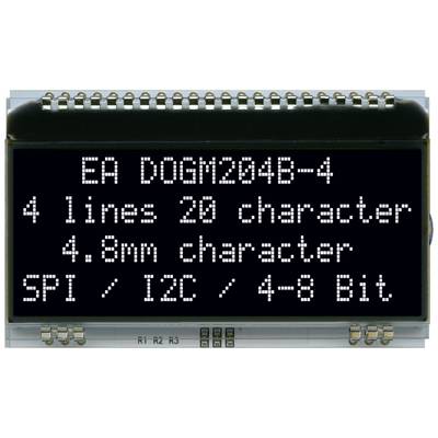 'EA DOGM204B-4 LCD Display, 4 Lines, 20 Characters per Line, 4.8 mm Character Height. Supports SPI, I2C and 4-8 Bit Interfaces.'