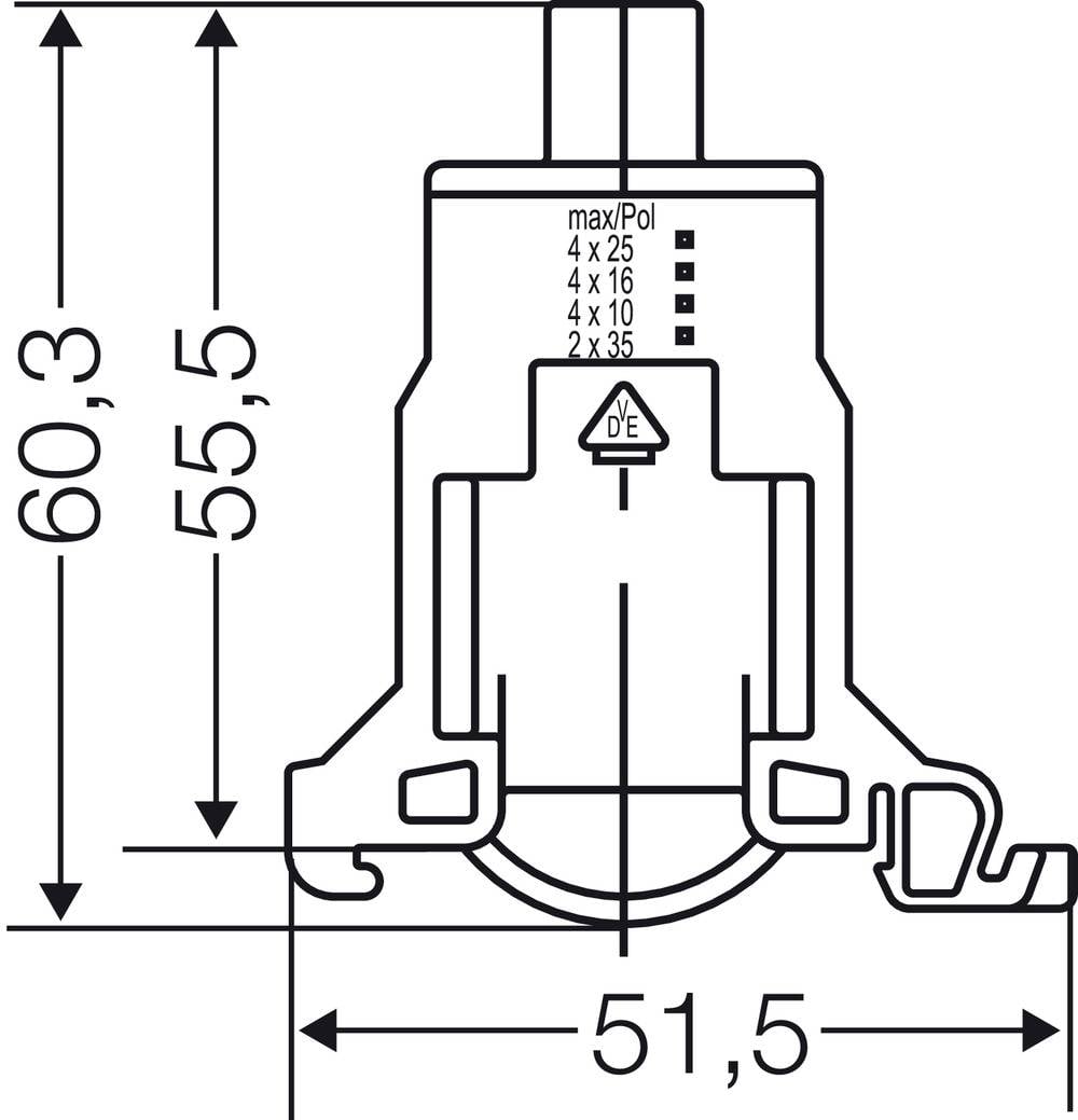Technical drawing of a component with dimensions: height 60.3 mm, 55.5 mm and width 51.5 mm. Markings for various mounting configurations.