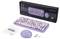Wireless keyboard and mouse in pastel colours next to a package with brand name, USB receiver, and instructions on a white background.