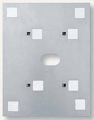 Grey rectangular metal plate with seven white squares, one in each corner and three arranged in a vertical row in the centre.