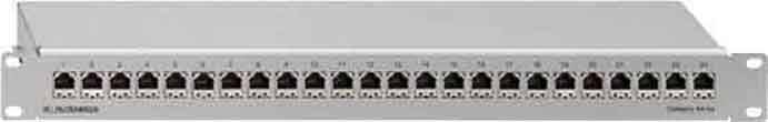 A patch panel with multiple Ethernet ports, suitable for organising and connecting network cables in a server cabinet.