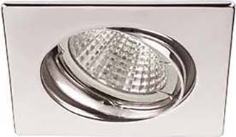 A rectangular recessed spotlight with a chrome-plated bezel and an open housing, revealing a structured, round luminaire.