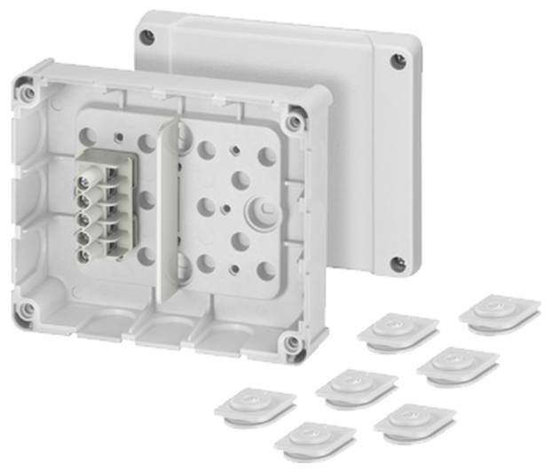 Housing with removable lid, internal connection terminals visible. Wall mounting or control cabinet installation possible.