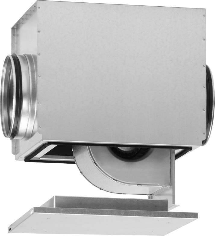 A rectangular, grey ventilation unit made of metal with round connection openings; representation of a ventilation system.