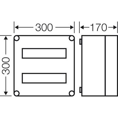 Technical drawing of a rectangular enclosure with dimensions 300 mm x 300 mm x 170 mm. Front view shows two openings.