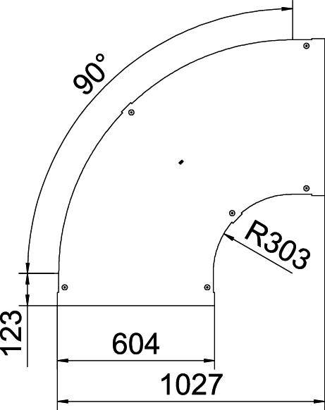 Diagram of an L-shaped metal component with a 90-degree angle. Dimensions are 123 mm, 604 mm, and 1027 mm. Radius of 303 mm marked.