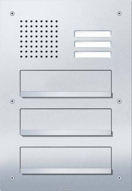 Silver intercom with speaker, three buttons on the right and two blank name plates underneath.