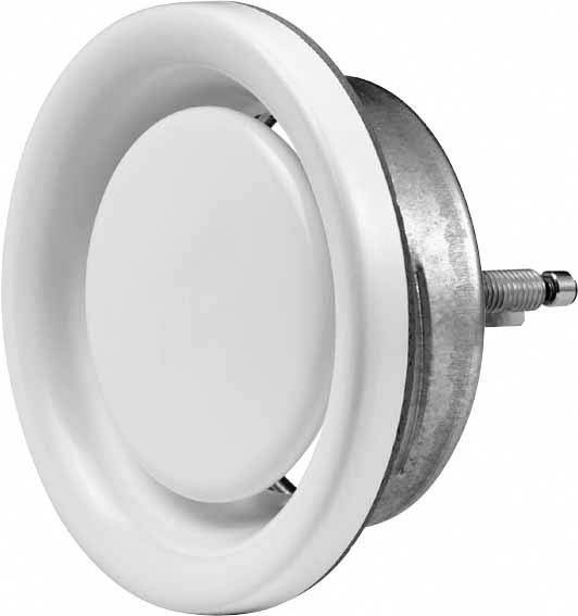 Round, white ventilation cover with a central button, viewed from the side. Ideal for home ventilation.