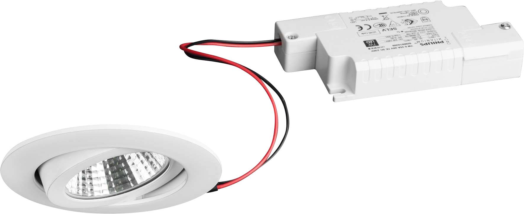 White LED recessed spotlight with black and red cable, connected to a rectangular power supply. Suitable for interior lighting.